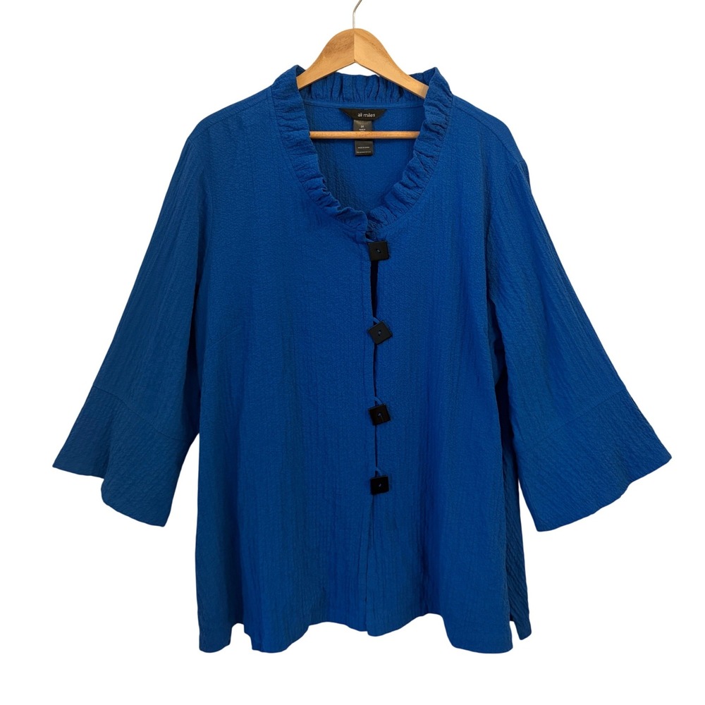 Ali Miles Button Top Jacket 2X Ruffle Collar Lagenlook Crinkle Relaxed Cobalt